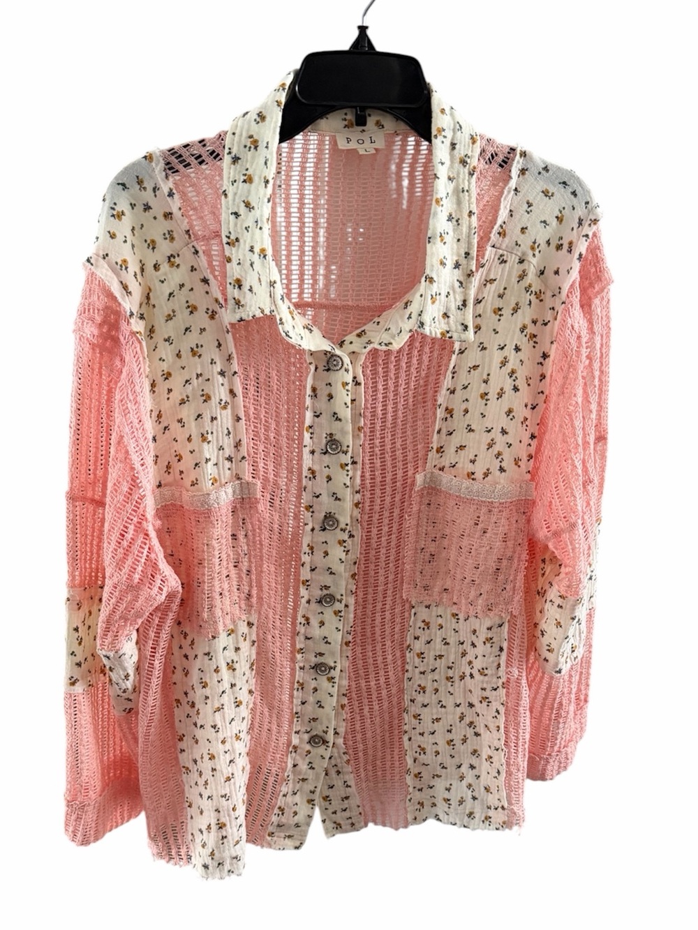 POL Clothing Oversized Pink Floral Patchwork Button Down Shirt Boho Shacket - Picture 2 of 10